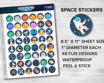 Space Stickers Set: 48 Planets, Rockets, Astronauts - Waterproof Vinyl