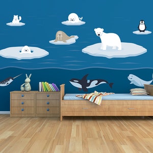 Polar Arctic Sea Animals Set Wall Decals nursery wall decor nursery wall art nautical kids room decor polar bear penquin narwhal seal fox image 1