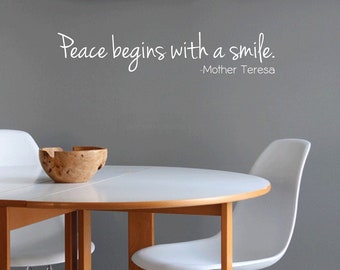 Peace Begins with a Smile Wall Decal | inspirational words mother Teresa inspirational quotes mother teresa quote peace quote office decor