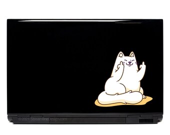 Funny Flipping Bird Cat Laptop Sticker | Naughty Cat Decal