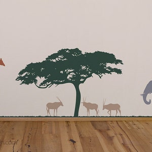 Savanna Animals Wall Decal: Giraffe, Elephant, Antelope, Acacia Tree
