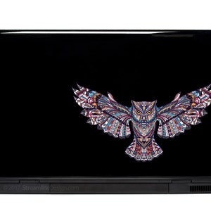 Ornate Flying Owl Vinyl Decal: Laptop, Car Window Sticker