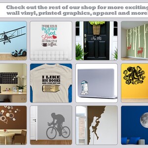 May include: A collage of images showcasing various wall decals, printed graphics, and apparel. The images include a biplane flying over a blue wall, a black door with a wreath and the number 285, a white t-shirt with the text "I like big books and I cannot lie", a black octopus on a yellow wall, a black and white silhouette of a cyclist on a gray wall, and a black and white silhouette of a climber on a brown wall.