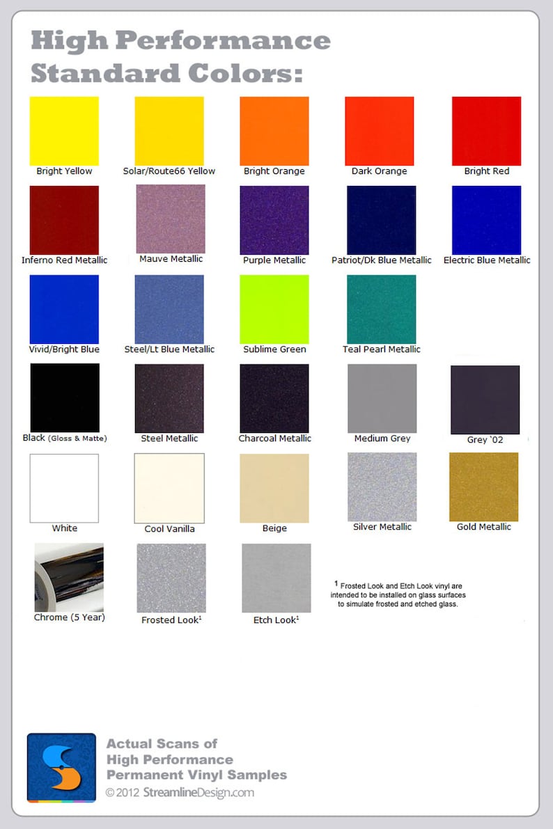 May include: A chart showing a variety of colors and finishes for high performance permanent vinyl. The colors include bright yellow, solar yellow, bright orange, dark orange, bright red, inferno red metallic, mauve metallic, purple metallic, patriot blue metallic, electric blue metallic, vivid blue, steel blue metallic, sublime green, teal pearl metallic, black, steel metallic, charcoal metallic, medium grey, grey 02, white, cool vanilla, beige, silver metallic, gold metallic, chrome, frosted look, and etch look.
