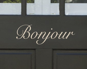 Bonjour Door Decal | french wall sticker front door decor french sayings outdoor vinyl front door vinyl foyer decor paris france hello