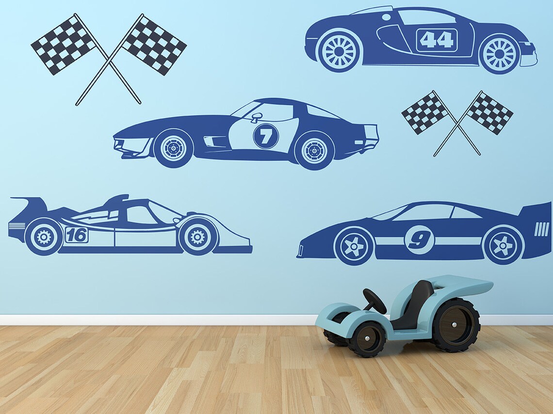 Kids Race Car Set Wall Decals Boys Wall Art Race Cars Race - Etsy