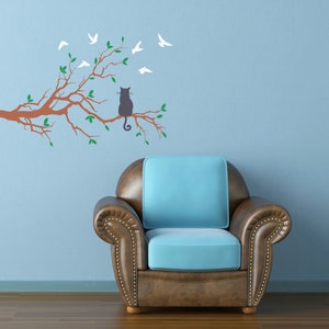 Cat on Branch Wall Decal: Bird Silhouette Wall Art