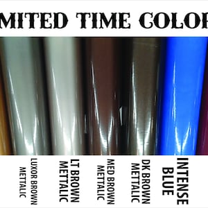 May include: A selection of eight different colored vinyl samples, including copper, metallic brown, light brown metallic, medium brown metallic, dark brown metallic, intense blue, and burgundy.