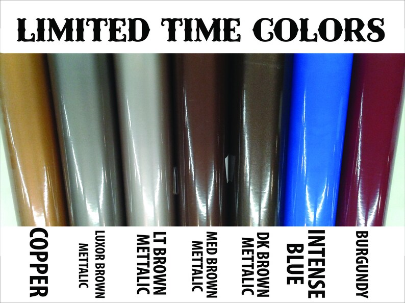 May include: A selection of eight different colored vinyl samples, including copper, metallic brown, light brown metallic, medium brown metallic, dark brown metallic, intense blue, and burgundy.