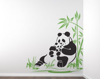 Panda Bear and Panda Cub Wall Decal | adorable panda mama bear baby bear panda bears bamboo nursery wall decals japanese inspired nature art