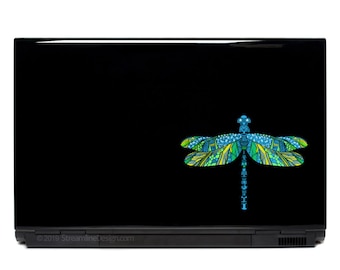 Blue Green Dragonfly Laptop Decal: Ornate Vinyl Graphic