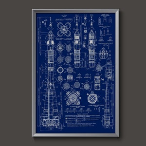 Vintage Russian Soyuz Rocket Blueprint Poster | soyuz rocket plans rocket ship decor USSR spaceship russian rocket ship decor cosmonaut