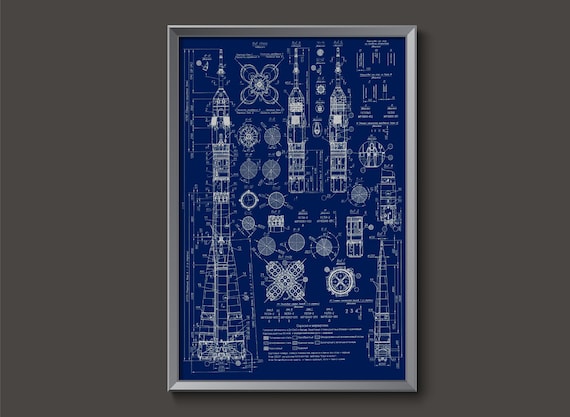 Vintage Soyuz Rocket Blueprint Poster: USSR Spaceship Decor