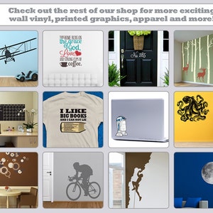 May include: A collage of images showcasing various wall decals, printed graphics, and apparel. The images include a biplane flying over a blue wall, a black door with a wreath and the number 285, a white t-shirt with the text "I like big books and I cannot lie", a black octopus on a yellow wall, a black and white silhouette of a cyclist on a gray wall, and a black and white silhouette of a climber on a brown wall.