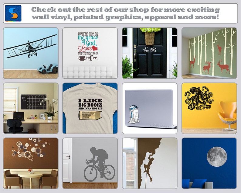 May include: A collage of images showcasing various wall decals, printed graphics, and apparel. The images include a biplane flying over a blue wall, a black door with a wreath and the number 285, a white t-shirt with the text "I like big books and I cannot lie", a black octopus on a yellow wall, a black and white silhouette of a cyclist on a gray wall, and a black and white silhouette of a climber on a brown wall.
