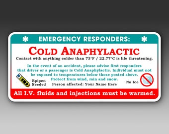 Cold Urticaria Emergency Responder Decal Set: Anaphylactic Warning Stickers