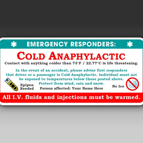 Cold Urticaria Emergency Responder Decal Set: Anaphylactic Warning Stickers