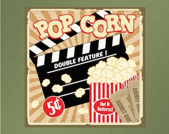 Vintage Popcorn Movie Night Wall Decal | Home Theater Decor