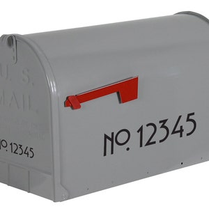 May include: Gray metal mailbox with a red flag and black lettering that reads "U.S. MAIL" and "NO. 12345".