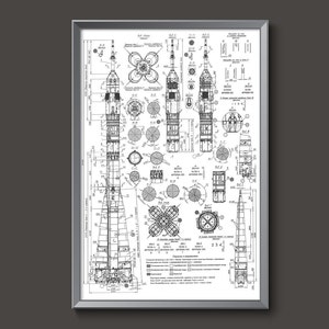 May include: A black and white technical drawing of a rocket, showing its various components and dimensions. The drawing includes text in Russian.