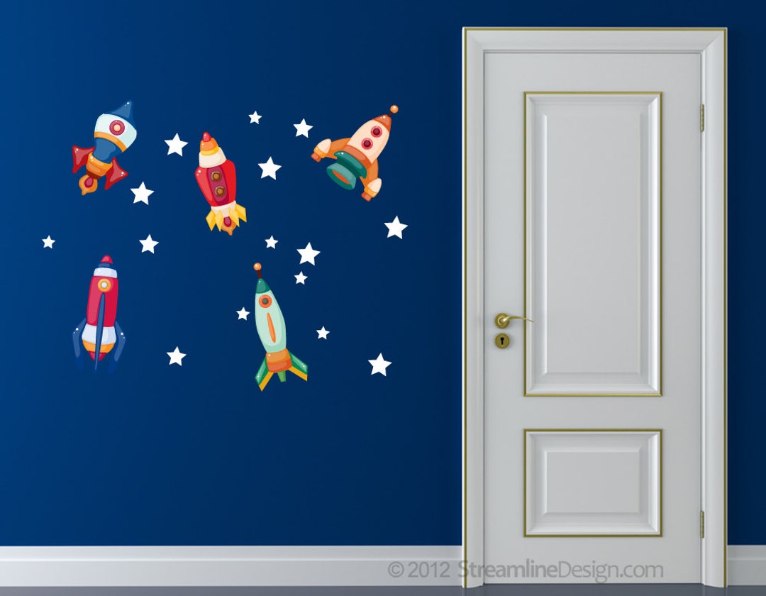 6 Printed Rockets With Stars Wall Decals Space Theme Bedroom Etsy