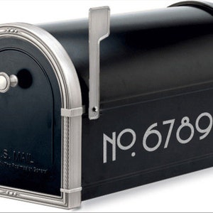 May include: Black mailbox with a silver trim and a silver flag. The mailbox has a U.S. Mail label and the number "NO. 67890" is printed on the front.