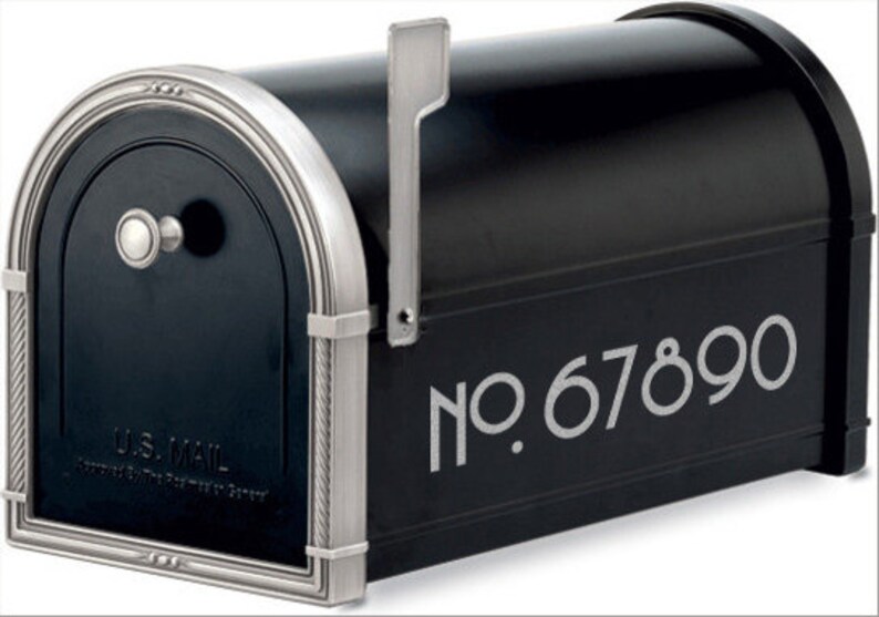 May include: Black mailbox with a silver trim and a silver flag. The mailbox has a U.S. Mail label and the number "NO. 67890" is printed on the front.