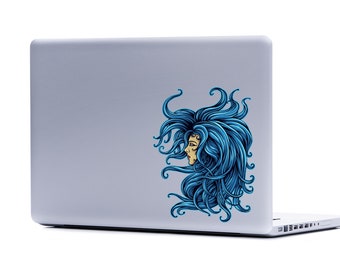 Blue Hair Woman Laptop Decal: Fantasy Art Sticker