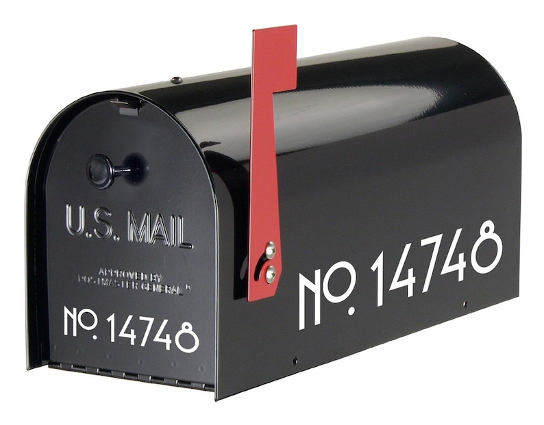 May include: Black mailbox with a red flag and white lettering that reads "U.S. MAIL" and "NO. 14748".