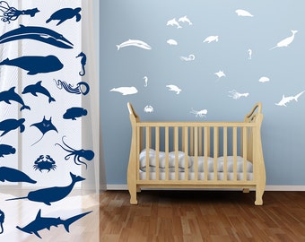 Sea Life Wall Decals | nautical wall decals nautical nursery whale narwhal shark octopus squid dolphins sea turtle stingray crab jellyfish