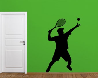 Serving Tennis Player Silhouette Removable Vinyl Wall Decal | teen sports decor tennis wall art sports wall decals sports decorating