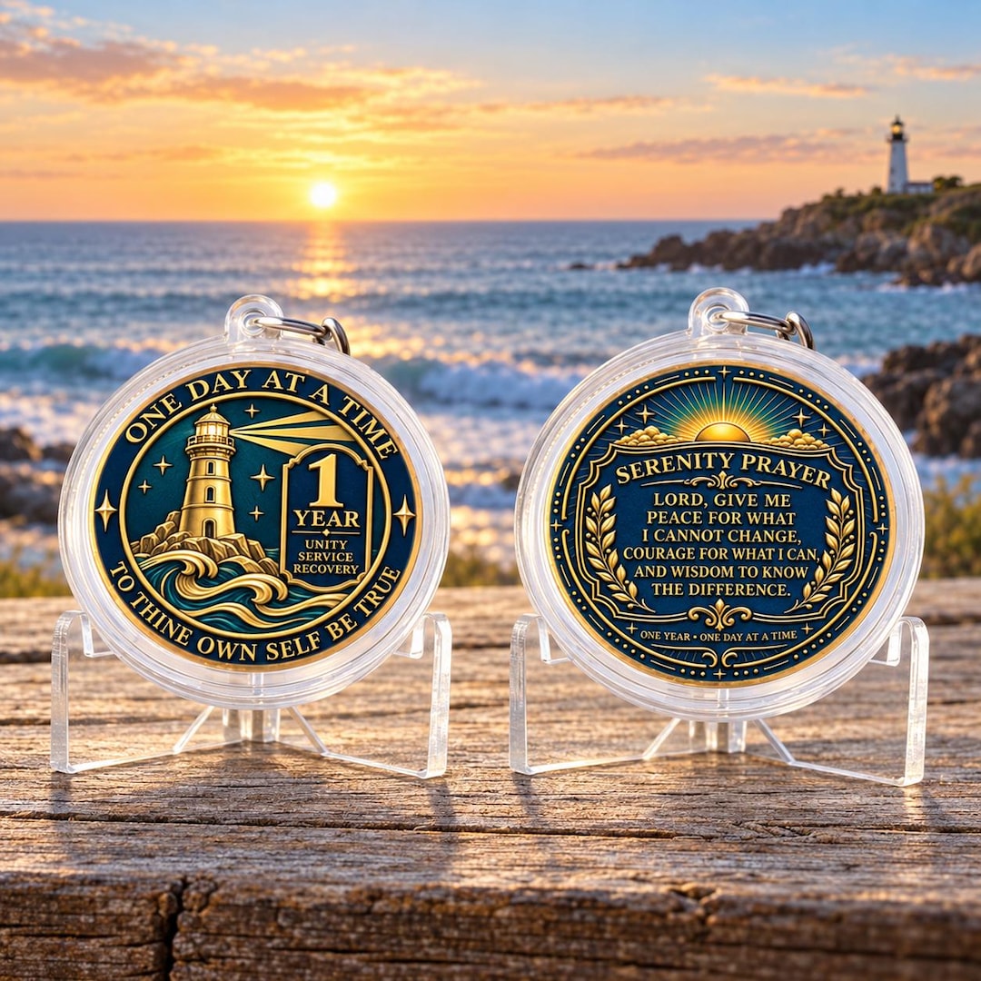 Recovery Keychains Personalized 1 Year Sobriety Coin Keychain, Lighthouse Recovery Gift ...
