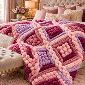 May include: A chunky knit throw blanket featuring a geometric pattern of squares in shades of deep magenta, light lavender, and soft pale pink. The design incorporates raised bobble textures and thick, braided cable knit borders throughout.