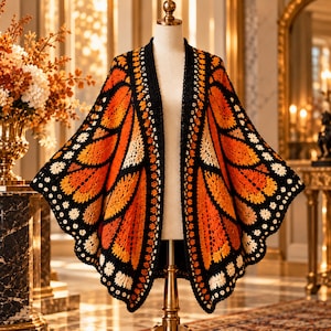 May include: A crochet shawl featuring a vibrant monarch butterfly wing pattern in shades of orange, yellow, and black. The garment has a scalloped edge with small white floral motifs and a black border, displayed on a mannequin torso.