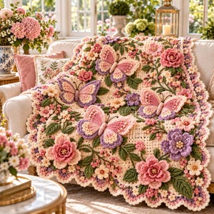 May include: A cream-colored crochet blanket featuring three-dimensional pink and purple butterflies, large pink and purple flowers, and green leaves. The edges of the blanket have a scalloped border with small flower accents throughout the design.