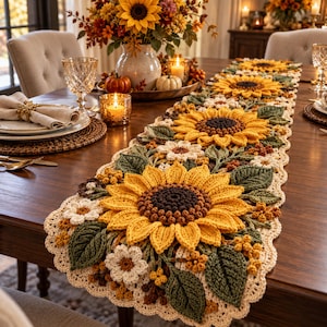Può includere: Un lungo runner da tavola rettangolare all'uncinetto con un motivo ripetuto di grandi girasoli gialli tridimensionali con centri marrone scuro, intervallati da fiori bianchi più piccoli, foglie verdi e piccoli grappoli di bacche gialle.