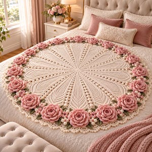 May include: A round, cream-colored crochet blanket featuring an intricate, radiating stitch pattern. The border is decorated with a continuous ring of three-dimensional, soft pink crocheted roses interspersed with small green leaves and white beads.