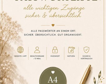 Passwortliste PDF A4 | Passwort Organizer zum Ausdrucken | Passwort Tracker | Login Übersicht | Digitaler Download | Printable Deutsch