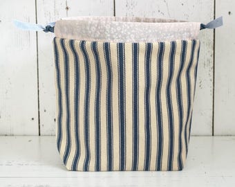 Blue striped drawstring bag, small cotton pouch