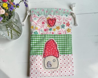 Handmade Mushroom Cottage Drawstring Bag, Cotton Fabric Pouch, Woodland Gift