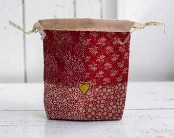 Red floral patchwork drawstring bag, heart appliqué, small storage pouch