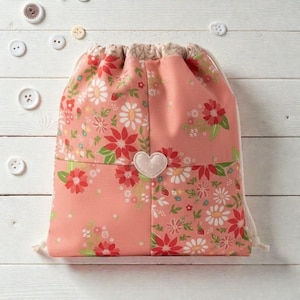 Handmade pink floral patchwork drawstring bag, heart appliqué gift pouch