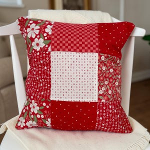 Handmade Patchwork Cushion Cover  Red and White Pillow, Floral Fabric Mix