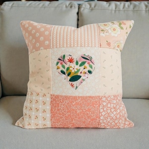 Handmade Patchwork Heart Cushion Cover, Cottagecore Throw Pillow UK, Floral Applique Sofa Decor