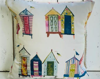 Handmade Cotton Beach Hut Cushion Cover, Coastal Seaside Decor (13.5 x 13.5 inch)
