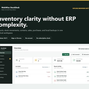 May include: WebWizz StockDesk offline browser software interface featuring a dark background with white text. The dashboard displays inventory metrics, sales data, and recent activity for Northstar Candle Co. with a sidebar navigation menu.