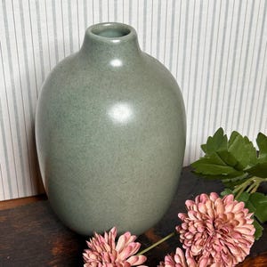 May include: A sage green ceramic vase with a smooth, matte finish and a rounded, bulbous body. The vase features a narrow, circular opening at the top and a solid, opaque surface texture, presented alongside pink chrysanthemum flowers.