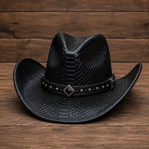 May include: A black cowboy hat with a textured snakeskin-like pattern across the crown and brim. The hat features a black band adorned with silver-toned studs and a central diamond-shaped metal emblem with a black inlay at the front.