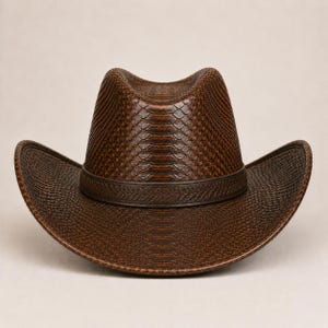 May include: A brown cowboy hat featuring a textured snakeskin pattern across the crown and brim. The hat includes a solid brown band encircling the base of the crown, which has a braided design detail. The brim is curved upward on both sides.