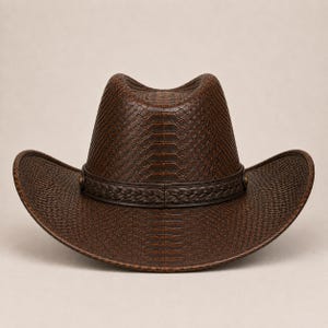 May include: A dark brown cowboy hat featuring a textured snakeskin-like pattern across the crown and brim. The hat includes a dark brown braided hatband that encircles the base of the crown, accented with small metallic studs on each side.